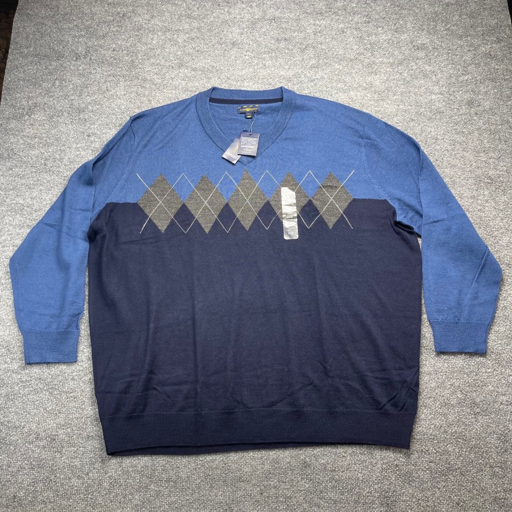 Club Room Mens Merino Wool Blend Argyle V-Neck Sweater Blue 3XB Shark Eye NEW